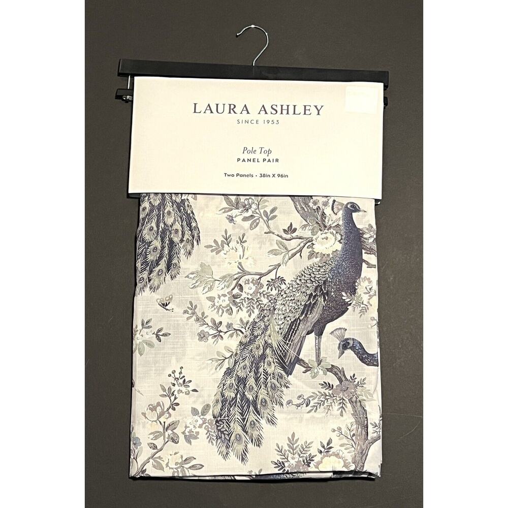 Laura Ashley Belvedere Peacock Curtains 2 Panels Navy Blue Green Ivory 38”x 96”